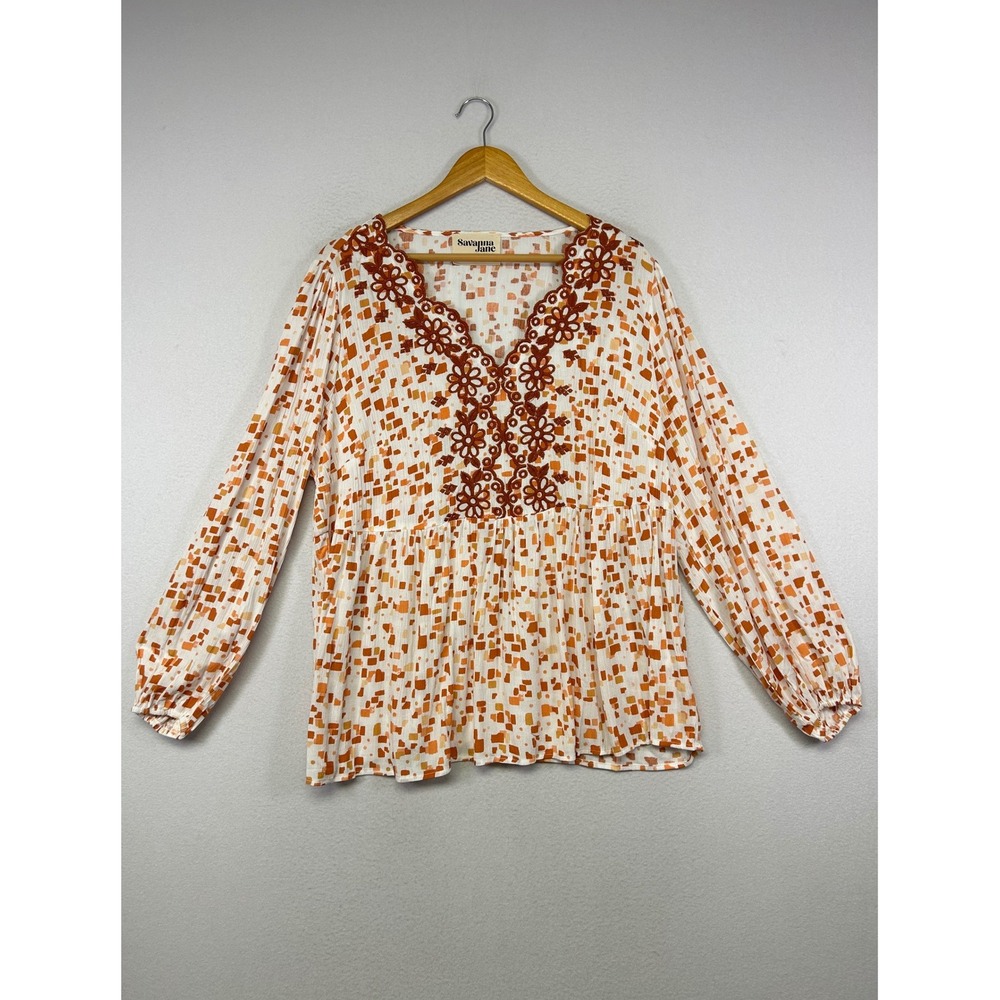 Boho Savanna Jane Womens 2X Orange Embroidered Geometric Babydoll Blouse PT11134